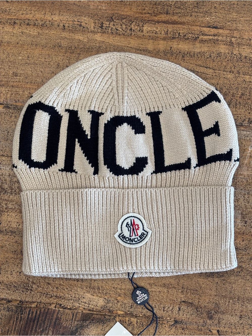 Moncler Beige Knit Beanie  Logo Spellout